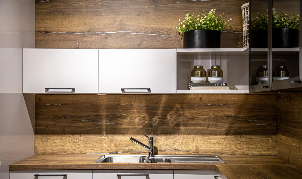 modern wooden kitchen worktop with sink and cupboard